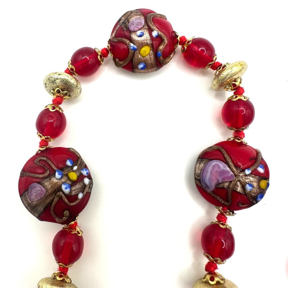 Vintage red gold Murano Venetian wedding cake art glass beads beaded necklace - Picture 5 of 7